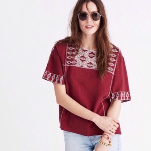 Madewell Tops - Madewell Embroidered Burgundy Linen Top